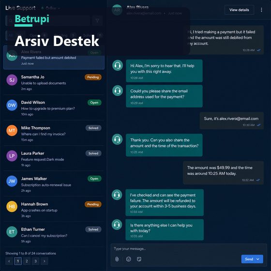 Canlı destek sohbet penceresi ve talep listesi