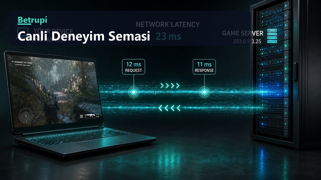 Oyuncu cihazı ile sunucu arasındaki veri akışını ve gecikmeyi gösteren şema