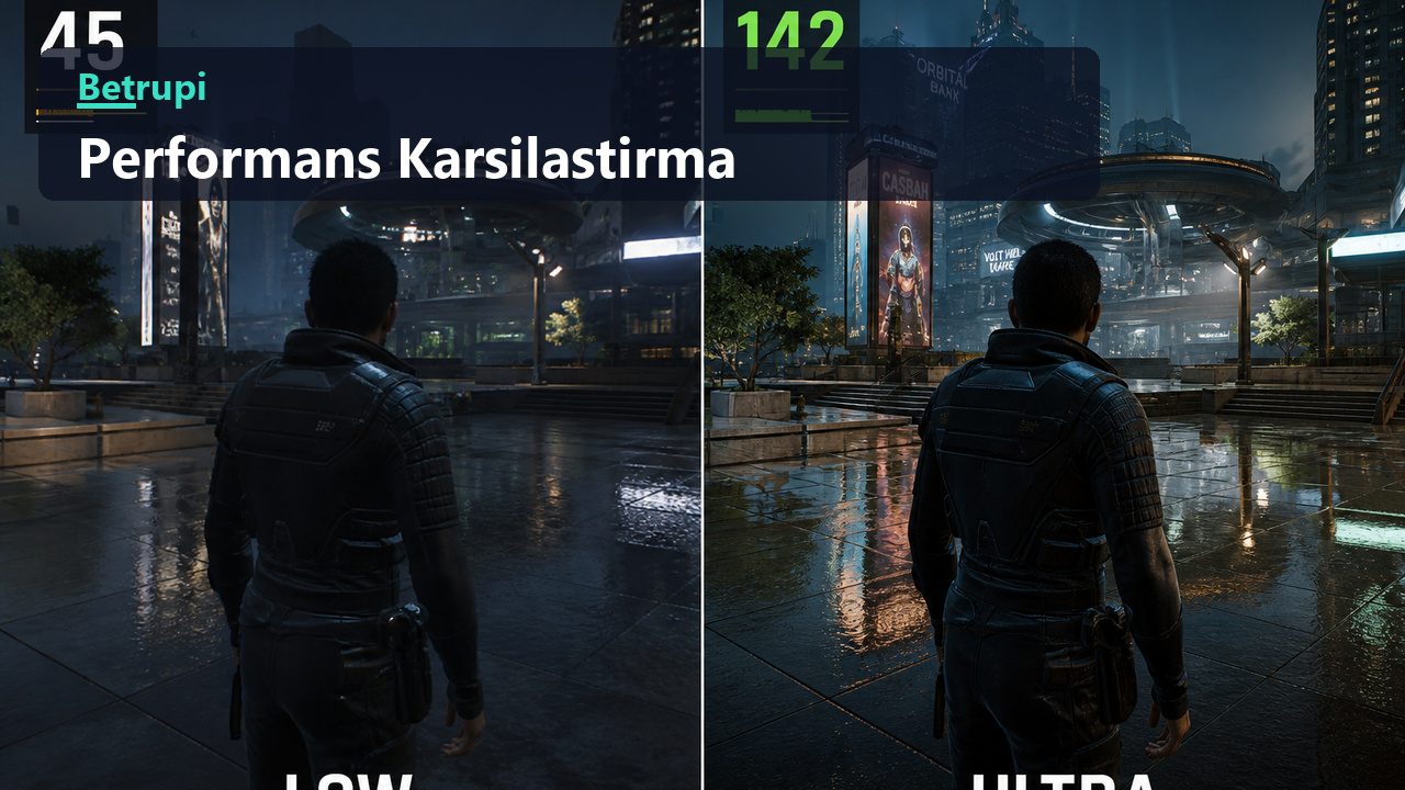 Grafik ön ayarı düşürüldüğünde kare hızının nasıl arttığını gösteren karşılaştırma paneli
